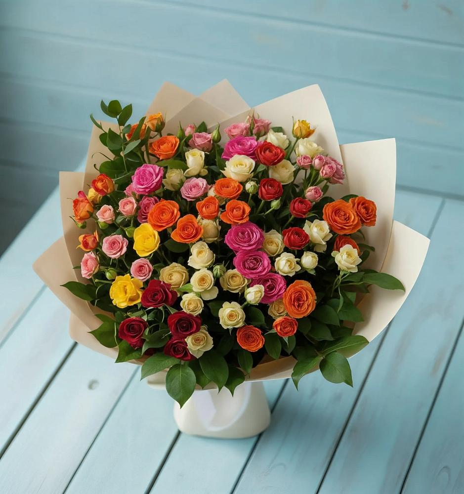 Букет Микс из разноцветных кустовых роз в Зелёном городе