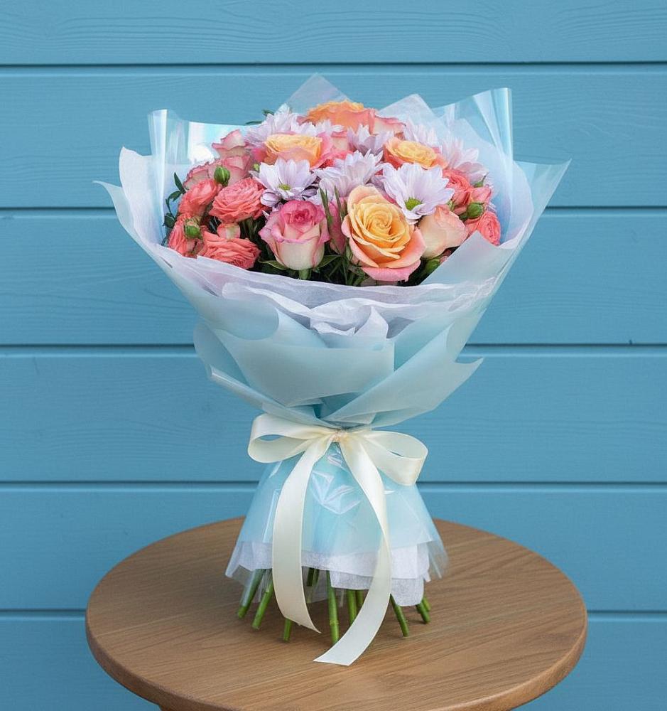 Букет цветов из: Хризантемы и Розы в Зелёном городе